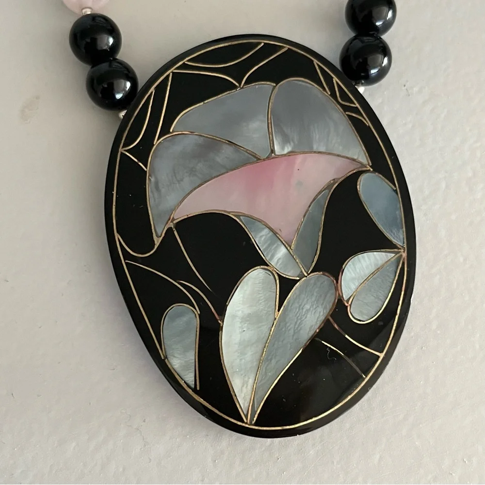 VTG Sterling 925 MOP Inlay Pink Jade BLK Onyx Agate Bead Designer Necklace - Picture 3 of 12